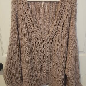 Free People Infinite V-Neck Slouchy Sweater Chunky Open-Weave Knit Dusty Purple